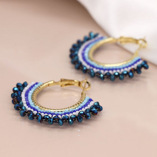 Blue mix beaded fan hoop earrings
