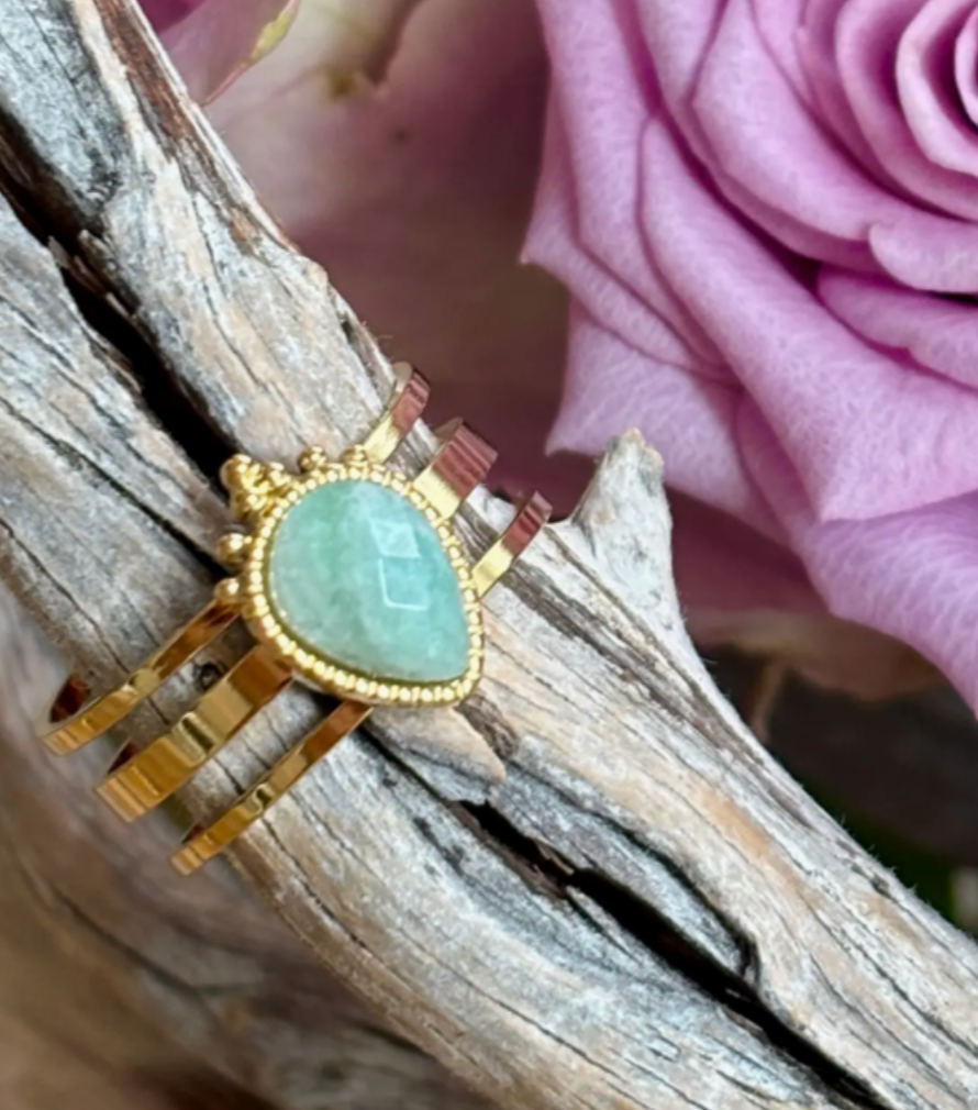 Amazonite Drop Triple Band Ring – 18ct Gold Plated | Adjustable