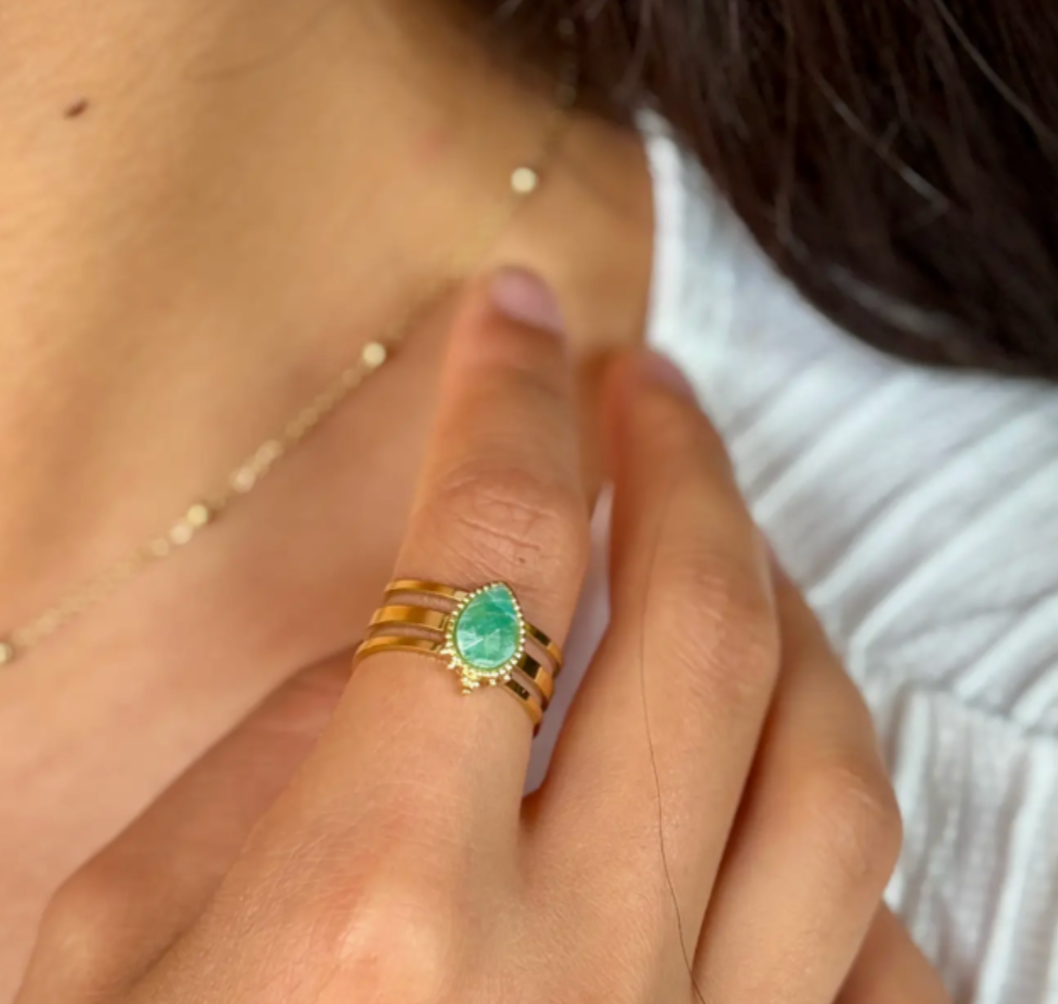 Amazonite Drop Triple Band Ring – 18ct Gold Plated | Adjustable