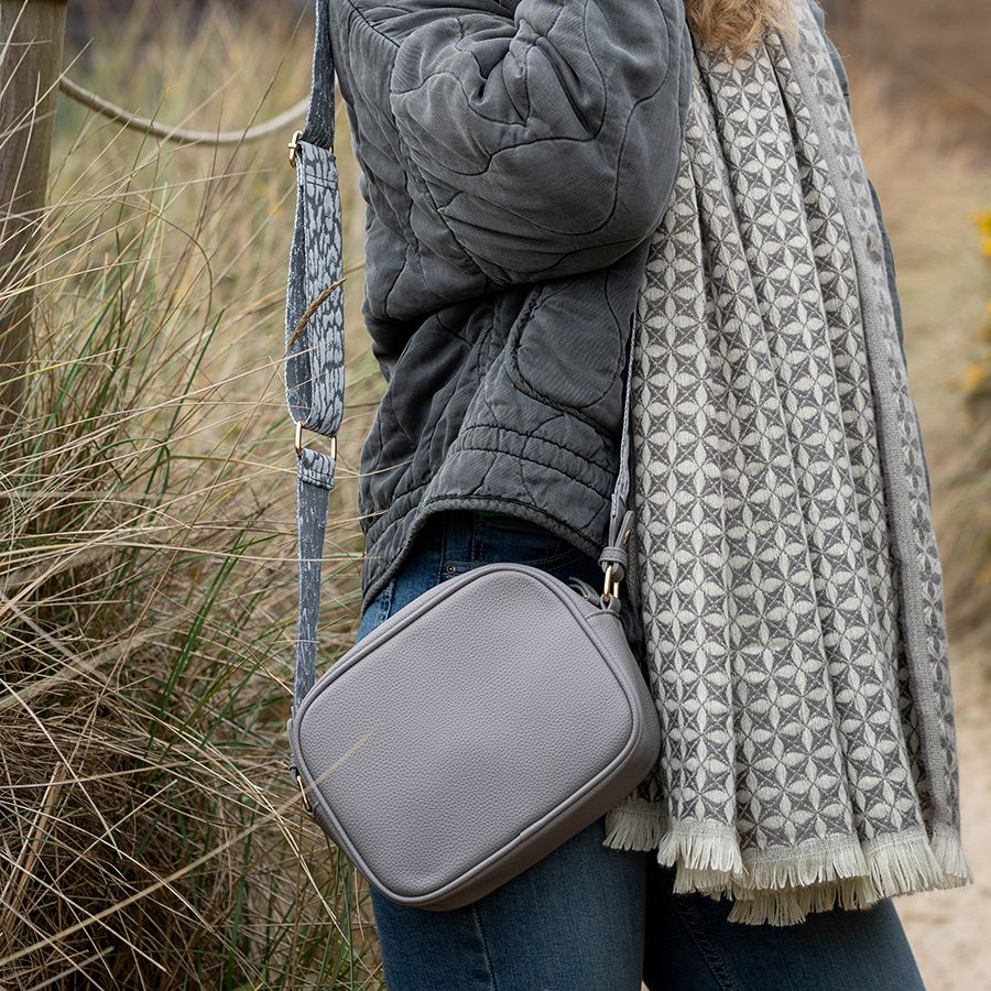 Dove Grey Crossbody Camera Bag with Animal Print Strap
