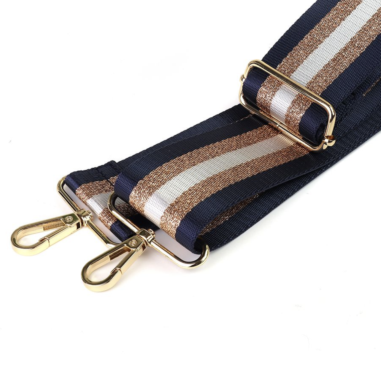 Blue, white and rose gold stripe bag strap