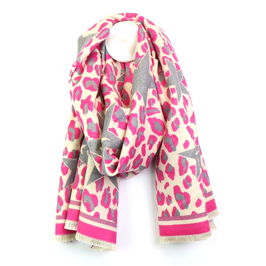 Cream, pink and grey animal print and star scarf