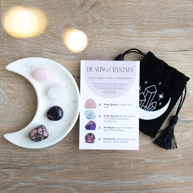 Love/Self-Love/Friendship Healing Crystal Set with Moon Trinket Dish