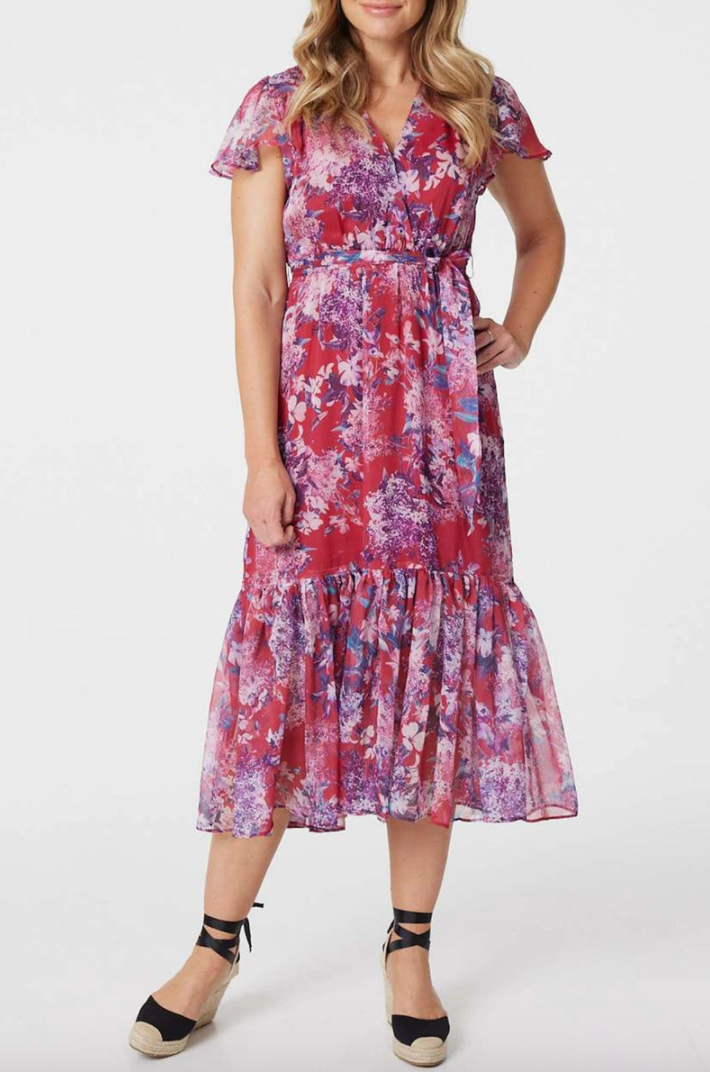 Red Floral Frill Semi Sheer Midi Dress