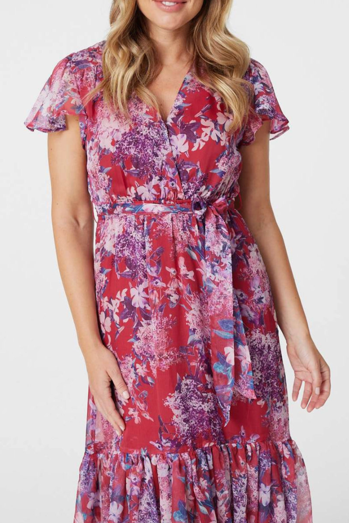 Red Floral Frill Semi Sheer Midi Dress