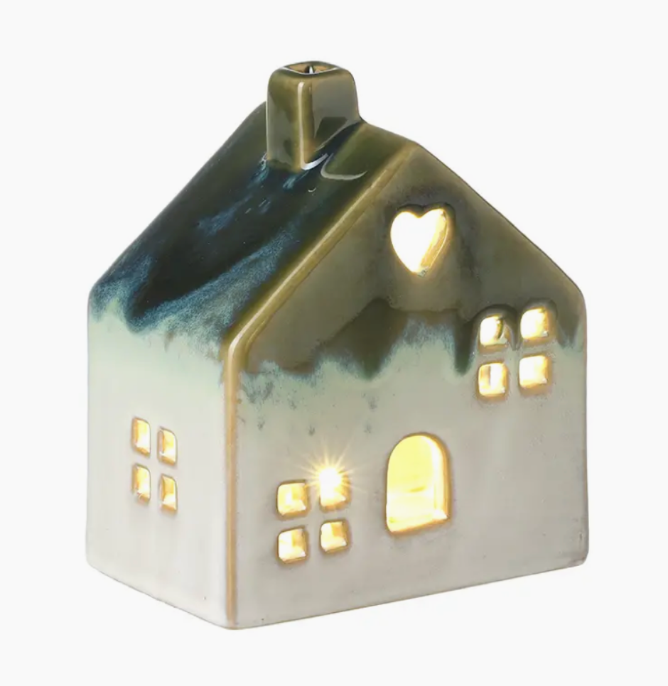 Green Ceramic LED House with Heart