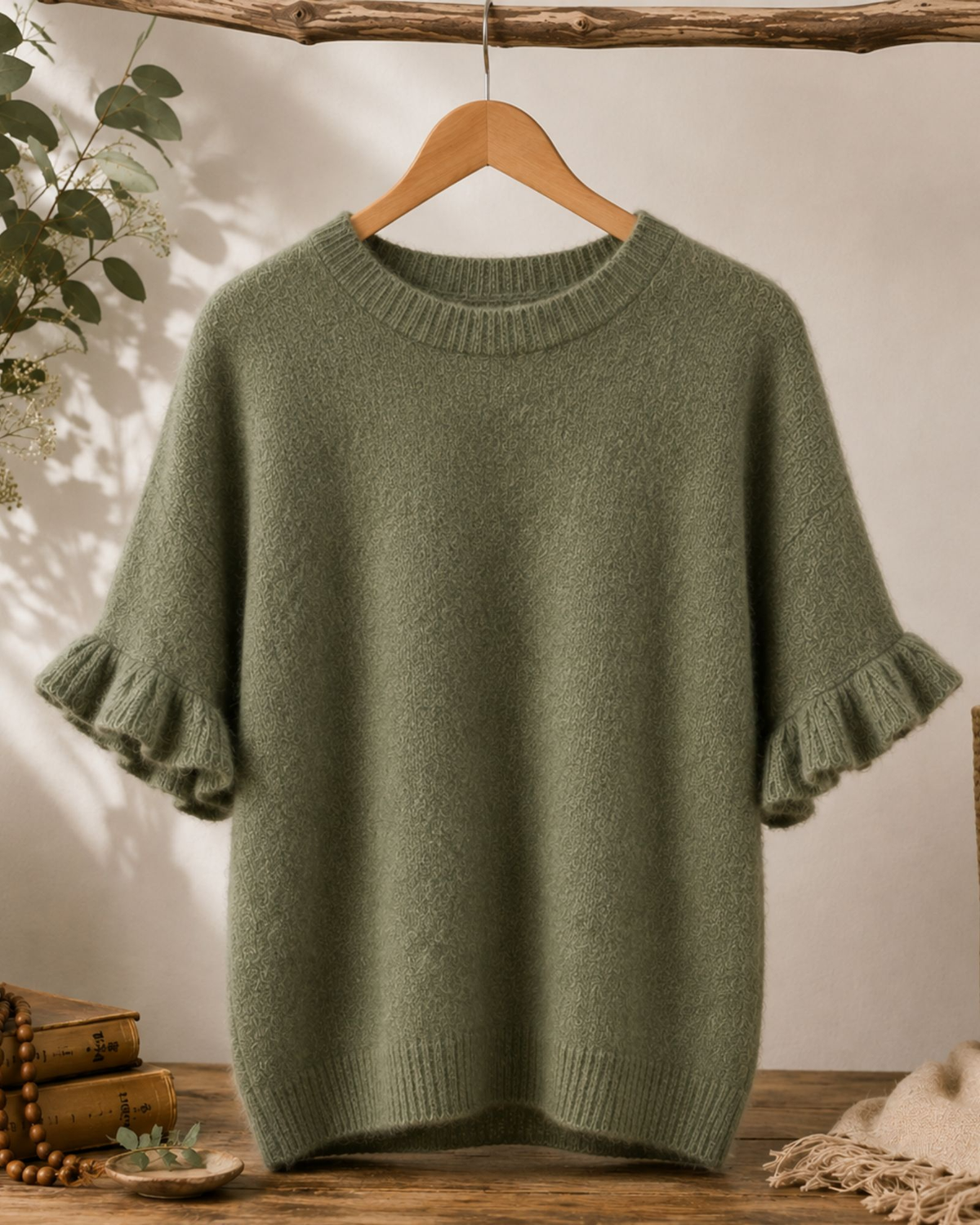 Alpaca Blend Frill Sleeve Knit – Khaki