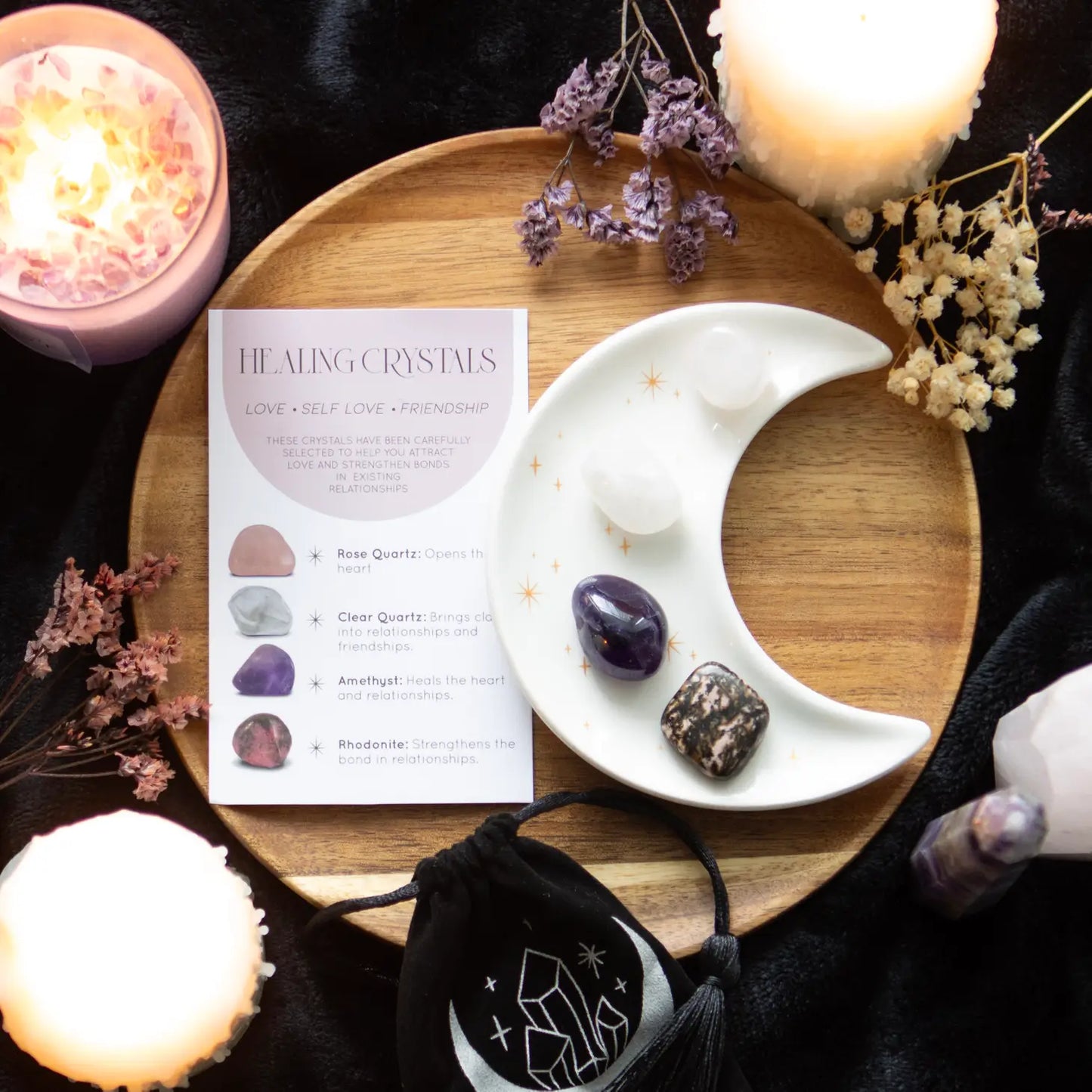 Love/Self-Love/Friendship Healing Crystal Set with Moon Trinket Dish