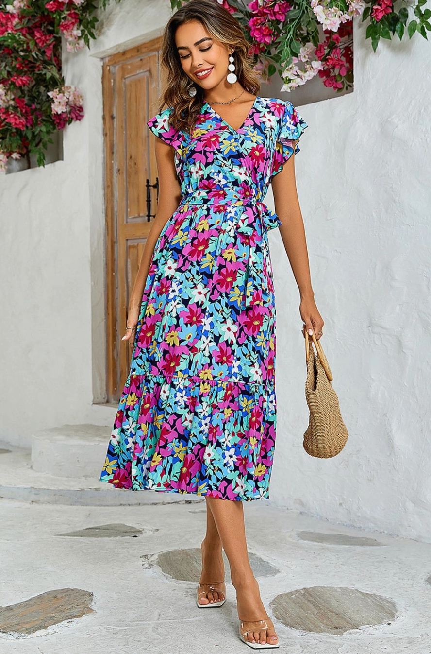 Multi Coloured Floral Print Wrap Dress