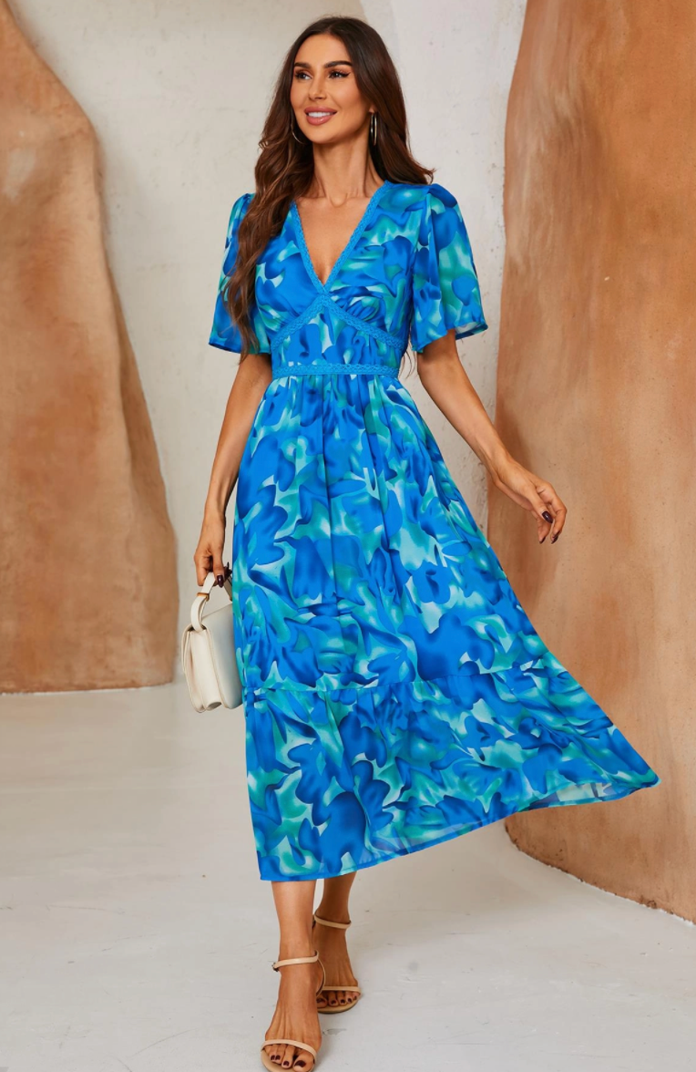 Angel Sleeve Floral Print Dress | Blue