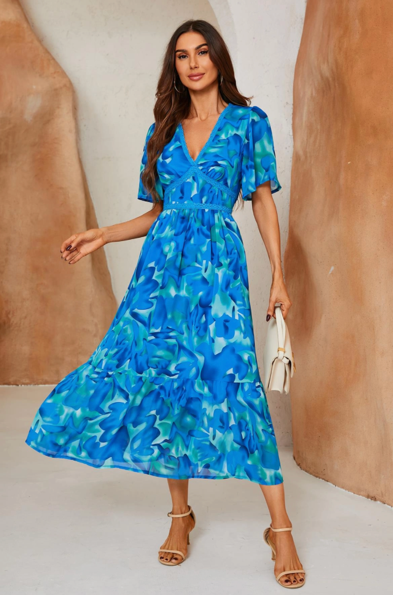 Angel Sleeve Floral Print Dress | Blue