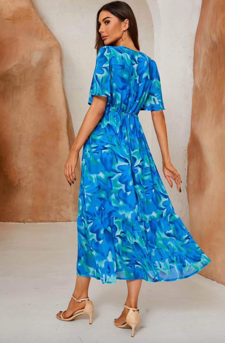 Angel Sleeve Floral Print Dress | Blue
