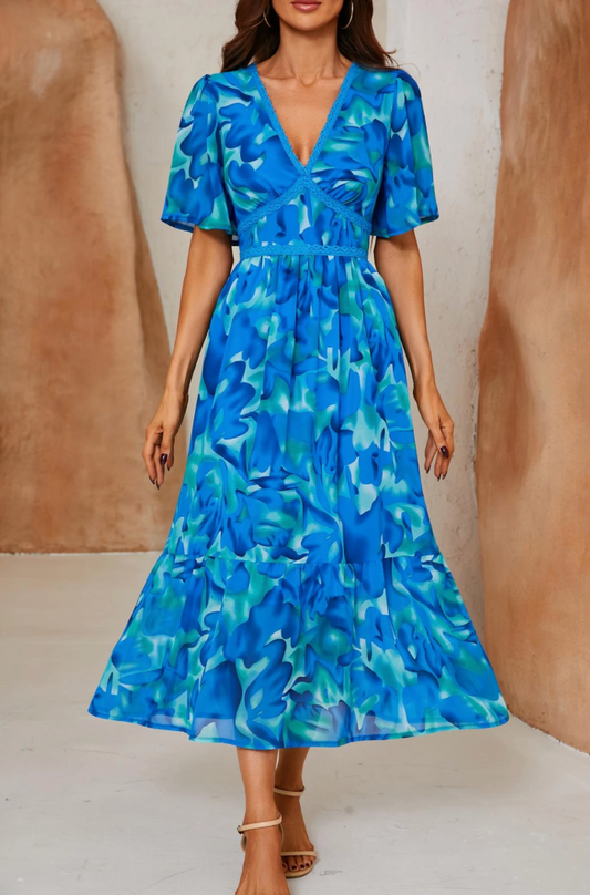 Angel Sleeve Floral Print Dress | Blue
