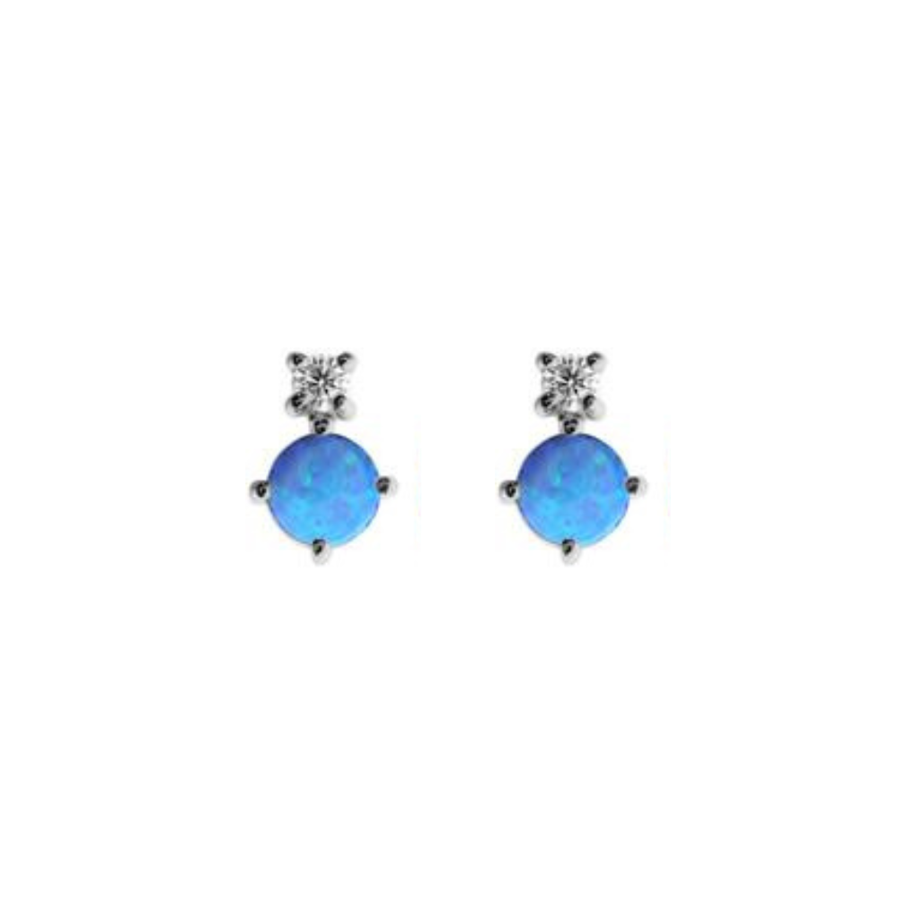 a pair of stud earrings with a 4mm blue opalite and small cubic zirconia