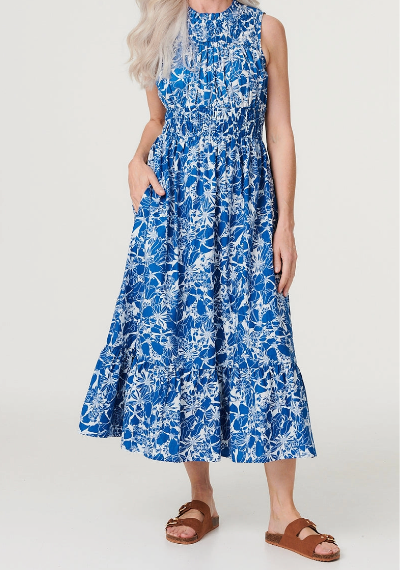 Blue Floral High Neck Shirred Midi Dress