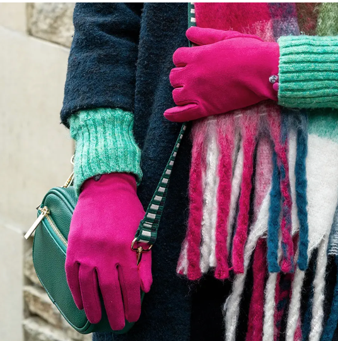Bright pink faux suede with button detail gloves