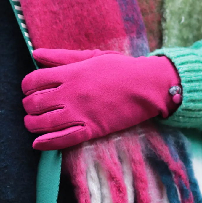 Bright pink faux suede with button detail gloves