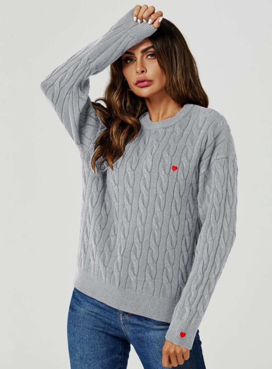 Red Little Hearts Detail Cable Knit Jumper | Grey