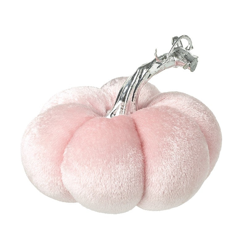 Pale pink velvet pumpkin decoration with silver stalk