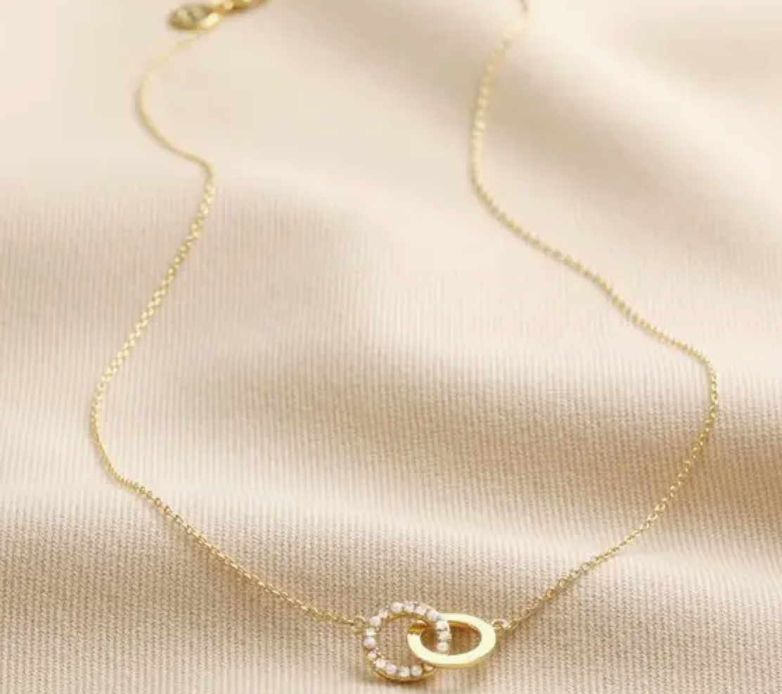 Interlocking Pearl and Crystal Circles Necklace | Gold