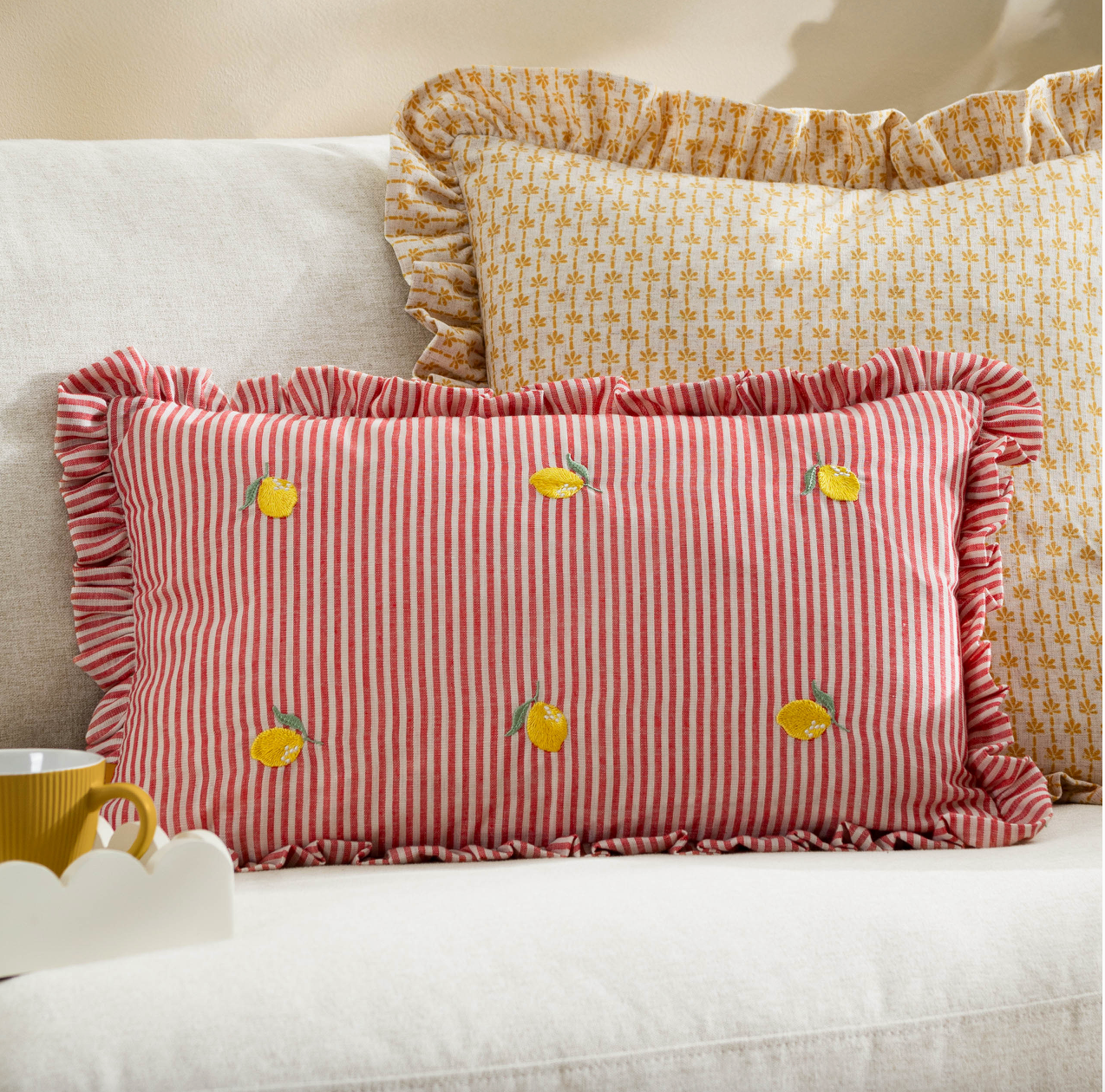 Les Fruites Ruffle Cushion | Lemon | Polyester Pad Included