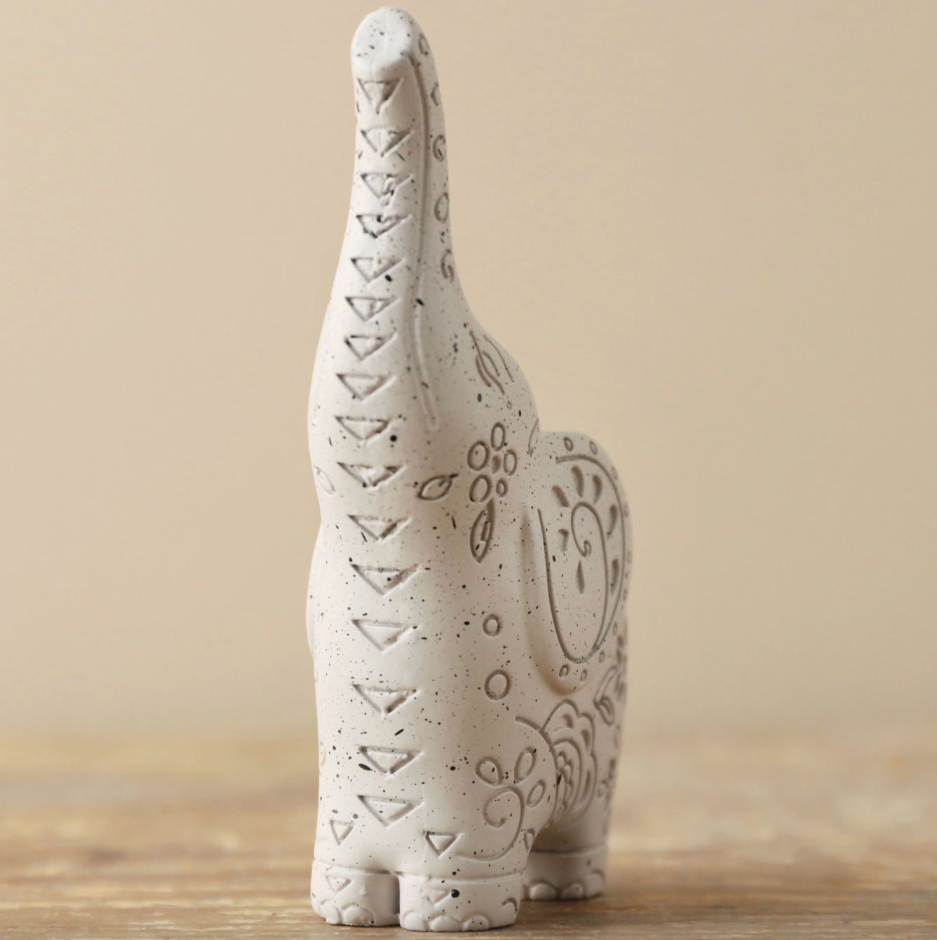 front view of elephant shaped ring holder with mandala-style pattern