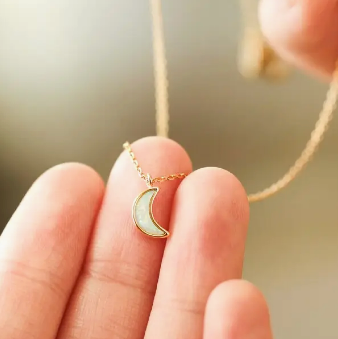 Opal Crescent Moon Pendant Necklace