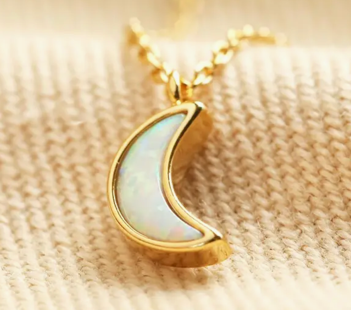 Opal Crescent Moon Pendant Necklace