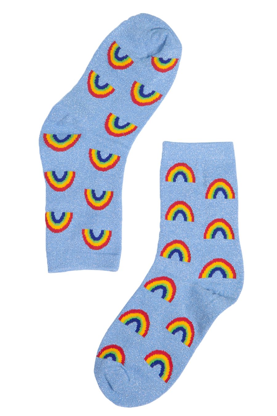 a pair of glittery blue ankle socks with a rainbow pattern