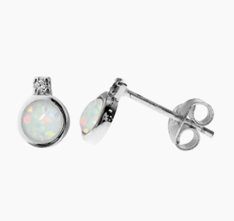 Round Collet Set White Opalite & Cubic Zirconia Stud Earrings