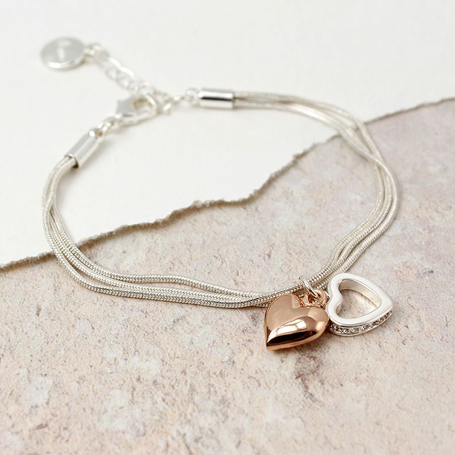Rose Gold And Crystal Hearts Triple Layer Bracelet