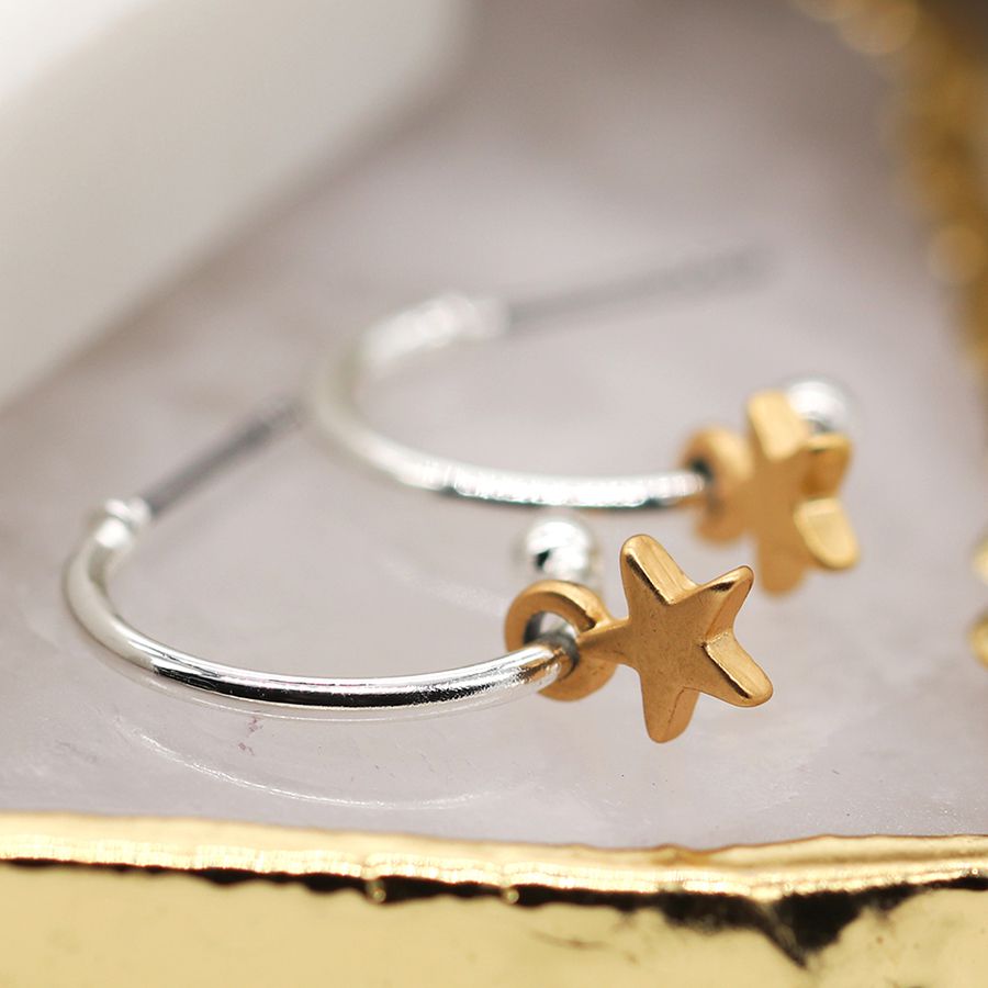 Silver plated hoop stud earrings with matt golden star