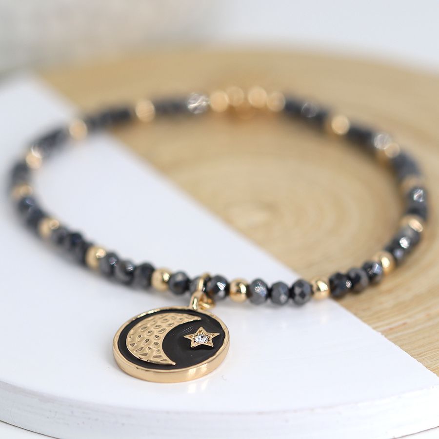 Black & gold, star and moon enamel disc bracelet