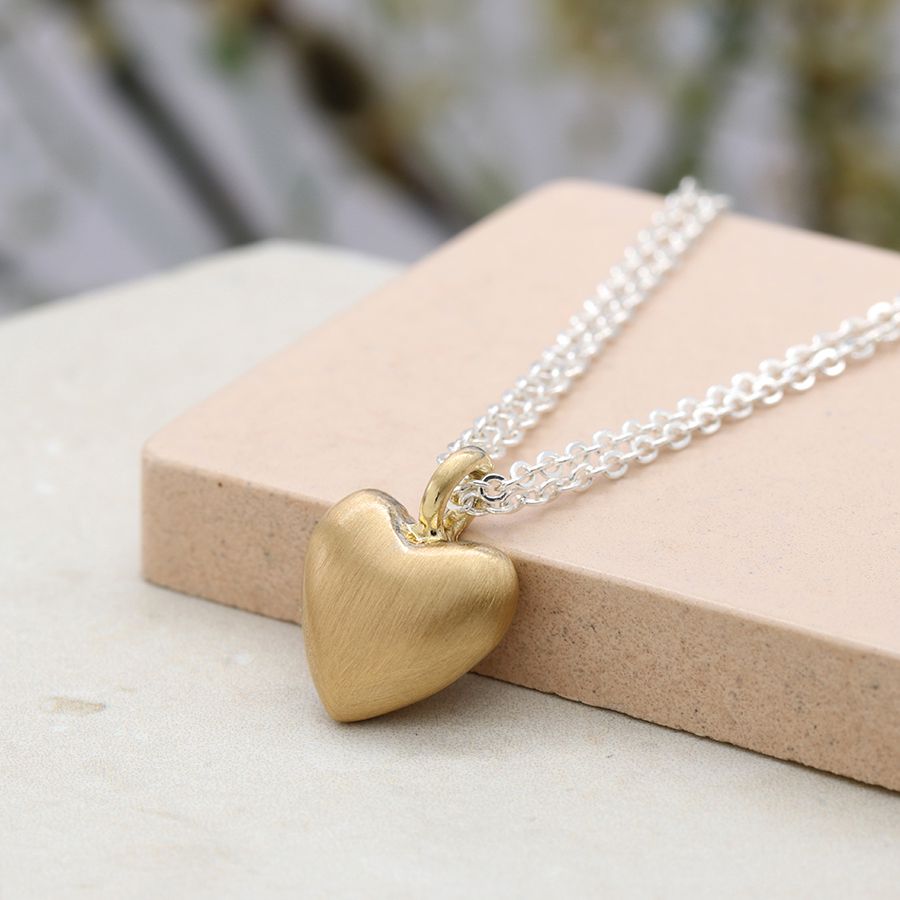 Silver plated double chain necklace with golden heart