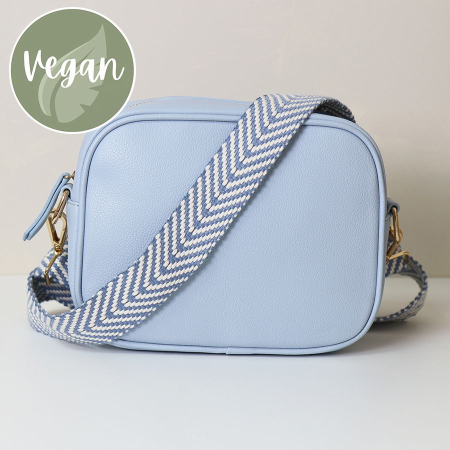 Baby blue Vegan Leather camera bag with chevron strap Copper Grey