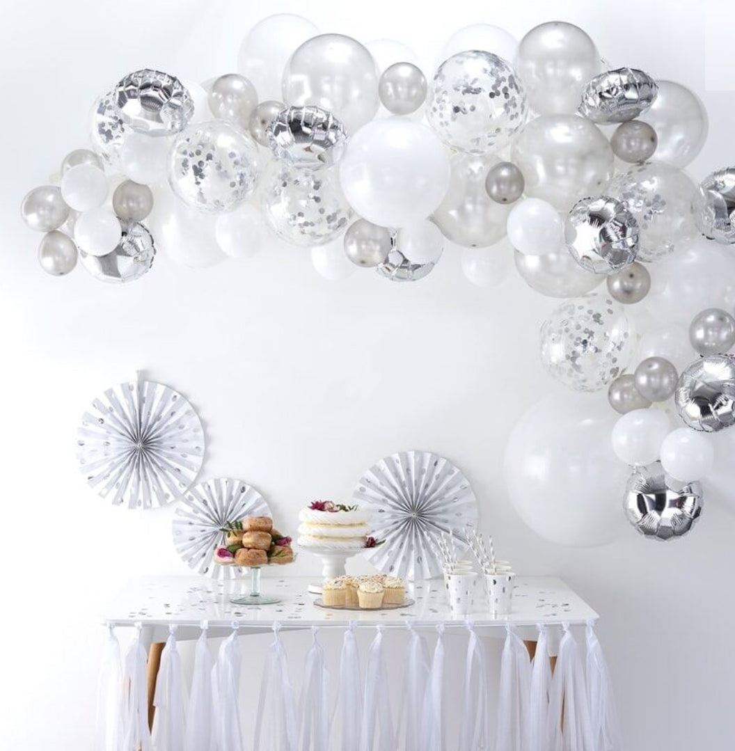 Silver balloon arch
