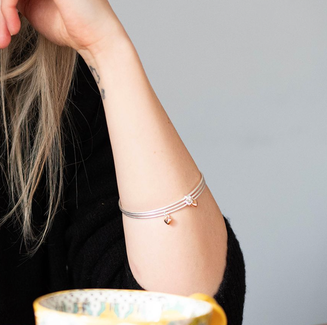 Silver plated triple fine bangle set with mixed metallic hearts