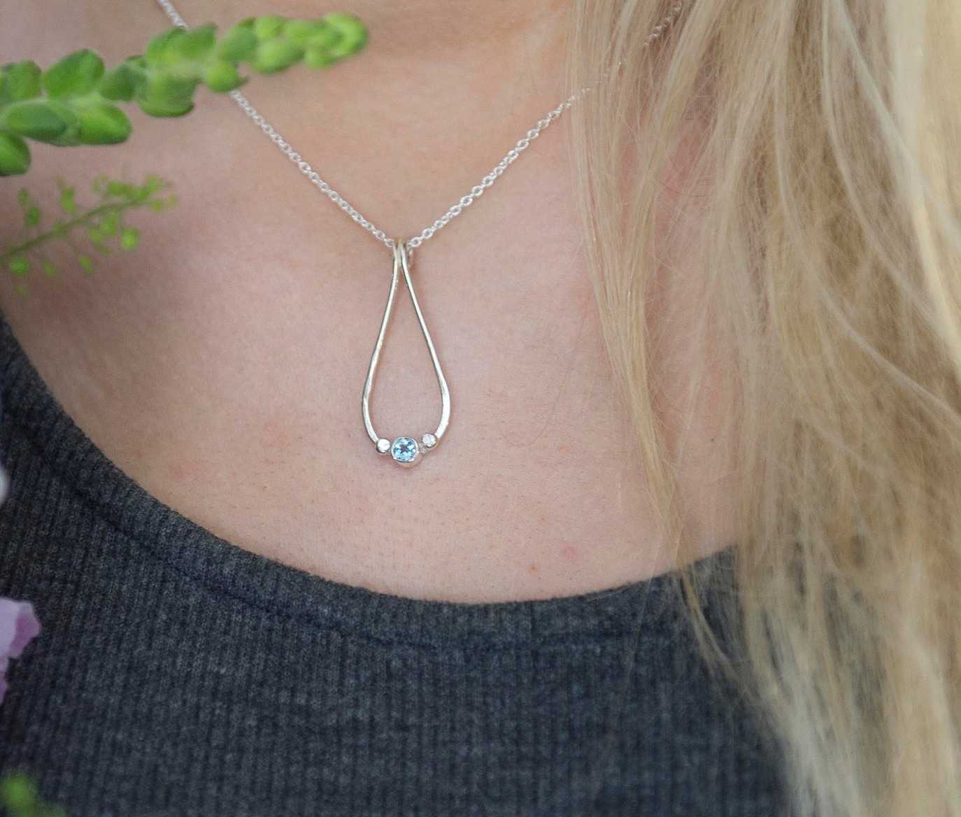 Silver Pebble Twist Pendant Necklace With Swiss Blue Topaz