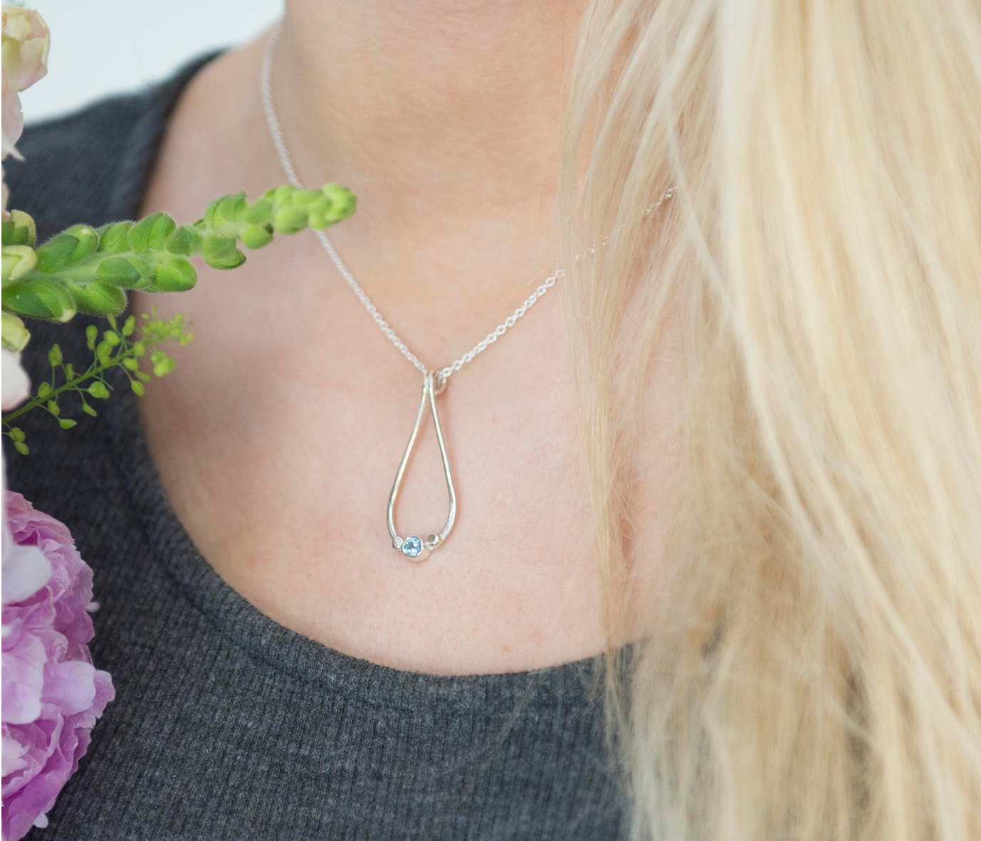 Silver Pebble Twist Pendant Necklace With Swiss Blue Topaz