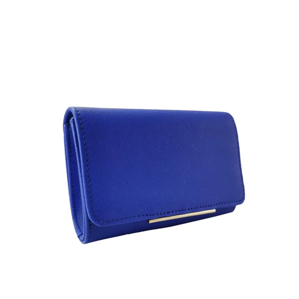 royal blue evening bag with gold metal bar detail