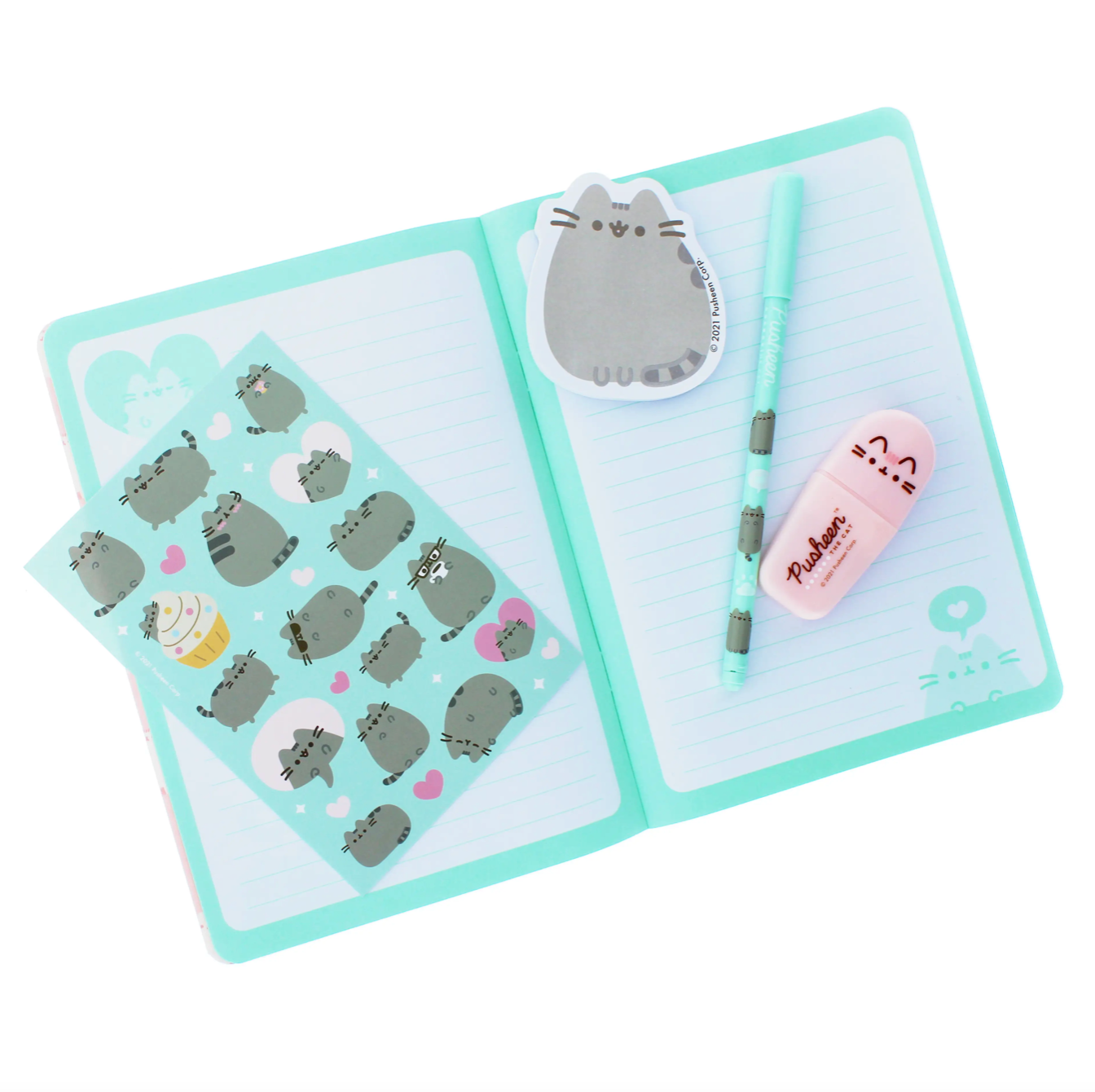 Pusheen notebook, stickers, notepad and highlighter pen