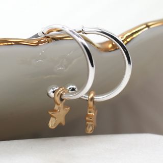 Silver plated hoop stud earrings with matt golden star