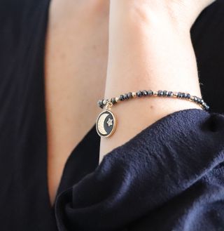 Black & gold, star and moon enamel disc bracelet