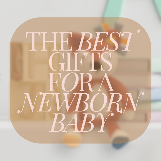 A blurred image of a fox sensory toy for babies, surrounded by other toys. The image is overlaid with text reading "The best gifts for a newborn baby".