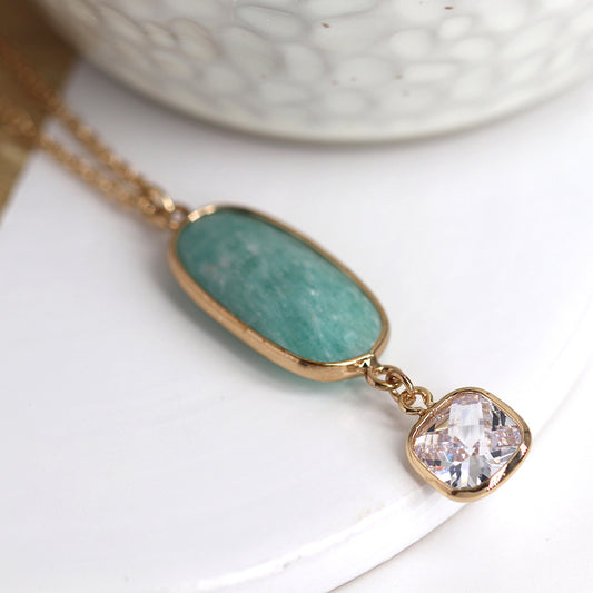 Aqua stone and crystal golden drop necklace