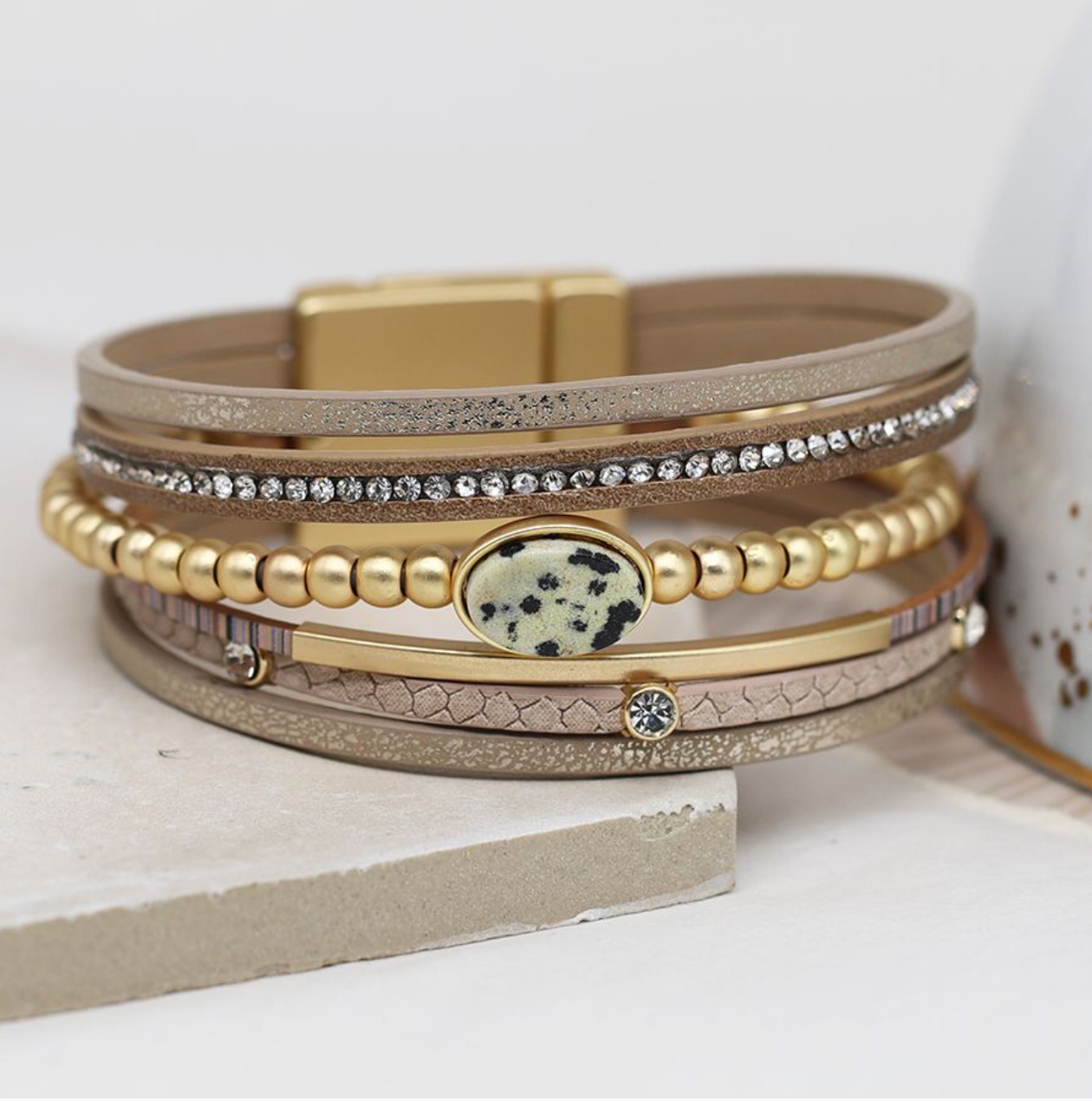 Golden Mix Leather Bracelet with Crystals & Dalmatian Jasper