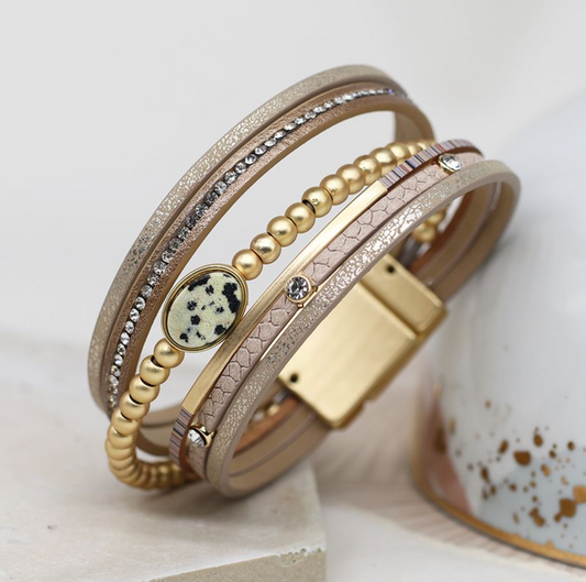 Golden Mix Leather Bracelet with Crystals & Dalmatian Jasper