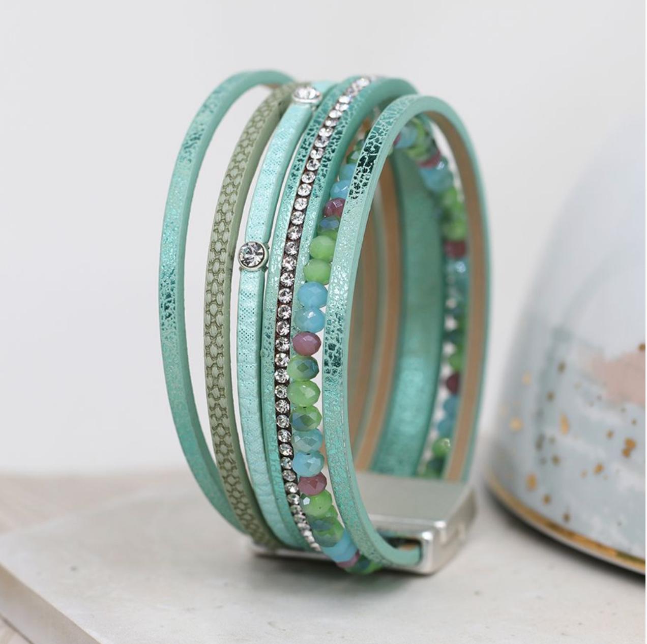Aqua leather bracelet with mixed beads and crystals