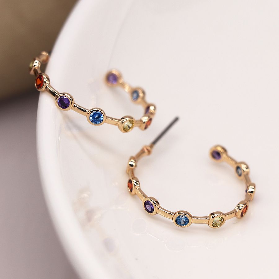 Golden open hoop bezel crystal earrings