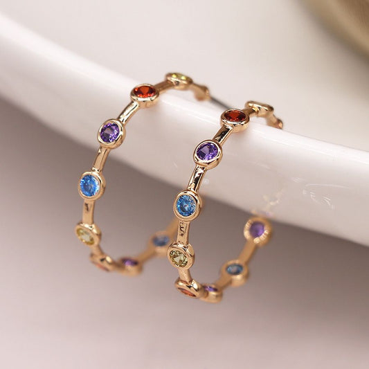 Golden open hoop bezel crystal earrings